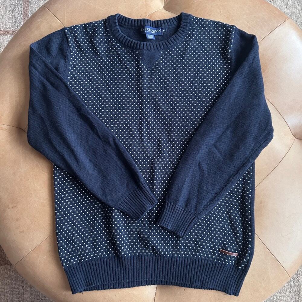 Navy Birdseye Knit Sweater Mens M Cotton Crewneck Preppy Blue U.S. Polo Assn